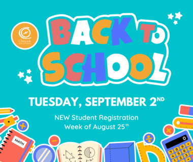 Colourful text reads Back to School: Tuesday, September 2nd. NEW student registration week of August 25th. Graphic illustration of school supplies frames the bottom and the Chinook School Division logo is on the top left.