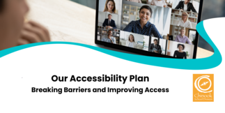 A laptop screen with a virtual meeting taking place with multiple people. The text ‘‘Our Accessibility Plan. Breaking barriers and improving access.’’ appears next to the Chinook School Division logo.