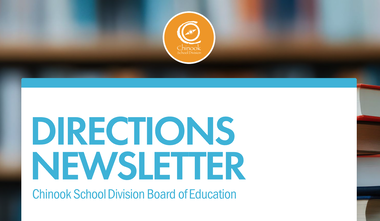 Screenshot of website image showing the Chinook School Division logo in a gold/yellow circle, the words "Directions Newsletter: Chinook School Division Board of Education" and a blurry background with books
