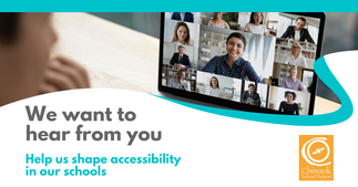 laptop screen with a virtual meeting taking place with multiple people. The text ‘‘We want to hear from you. Help us shape accessibility in our schools.’’ appears next to the Chinook School Division logo.