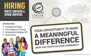 Image of school bus driving down the road in background; image of 4 young children with backpacks and books; Text reads: Hiring: Route Drivers and Spare Drivers