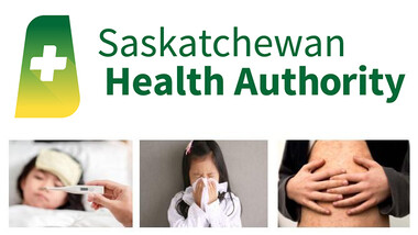 Saskatchewan Health Authority logo with three images of children showing different measles symptoms