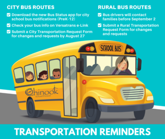 Cartoon school bus with driver and three children. Text is a brief summary of content in this news article.
