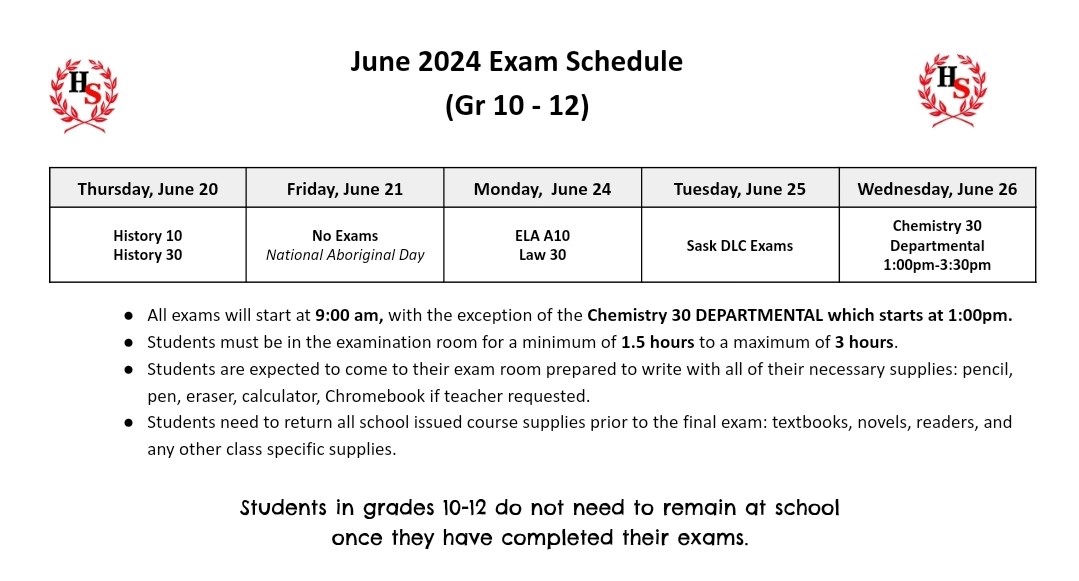 Gr 10 - 12 June Exam Schedule.